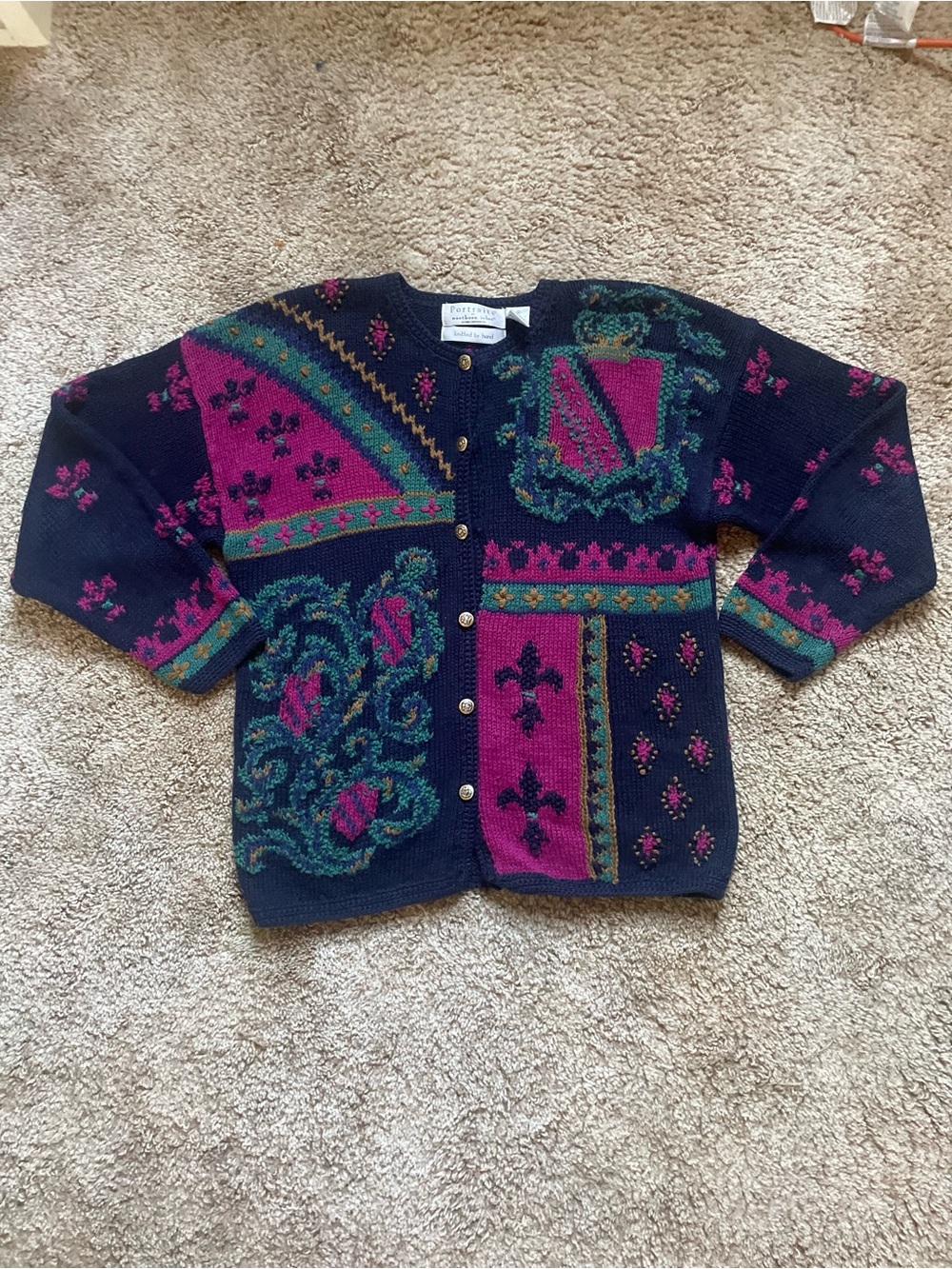 VINTAGE Cardigan Patchwork Fall Winter Grannycore Womens Size M Navy Cotton Gold